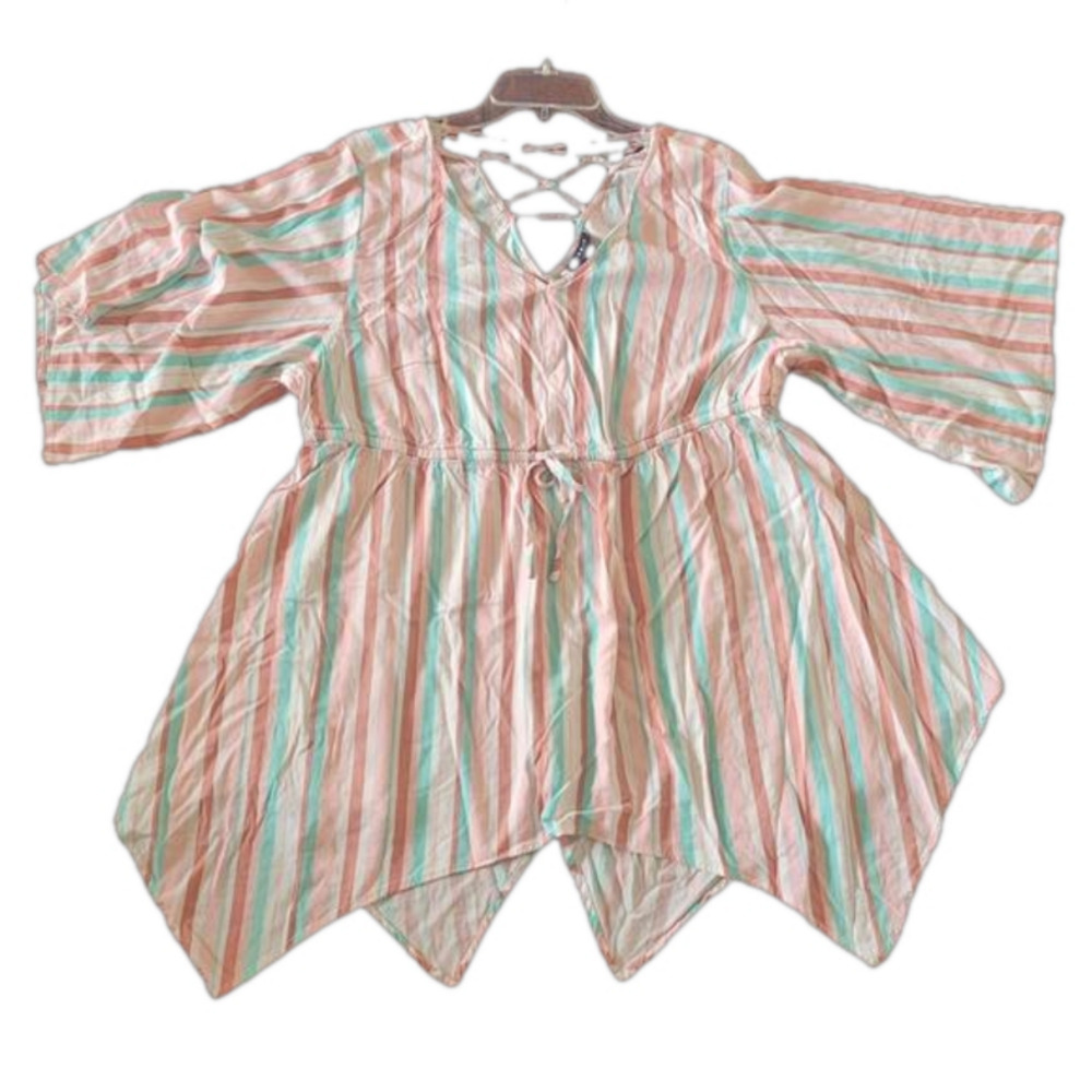 Torrid Teal/Pink Striped Corsett Back Flutter Sleeve Top/Swim Cover Size 2 (2X)